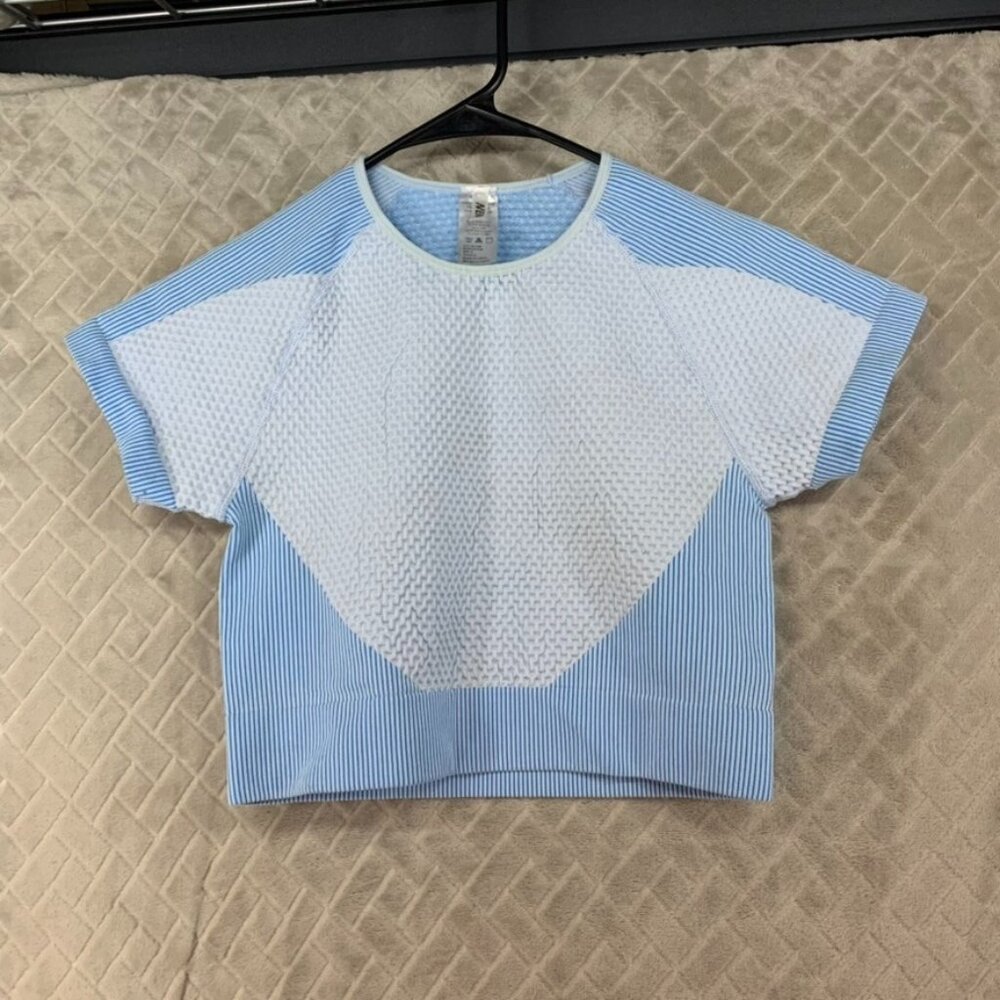 New Mix  Crop Top Womens Large Blue Short Sleeve Fitted Athletic Waffle Knit